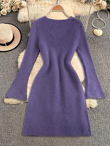 Modelyn 秋冬女士花卉V领休闲毛衣裙 - 紫色 - 查看 2