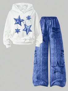 Sparklyn Bộ 2 áo hoodie oversized cho bé gái tuổi teen in hình ngôi sao & quần ống rộng cạp chun, phong cách đường phố - Màu xanh lam - Xem 3