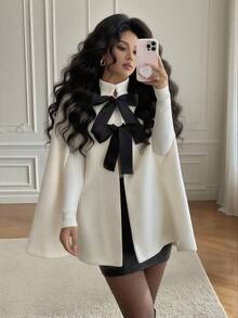 Rafferiza Áo khoác cape len pha trắng dáng rộng thanh lịch thời trang dành cho nữ - trắng - Xem 3