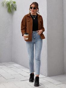 SHEIN Essnce 女式纯色落肩长袖单排扣休闲大衣，秋冬 - 棕色 - 查看 5