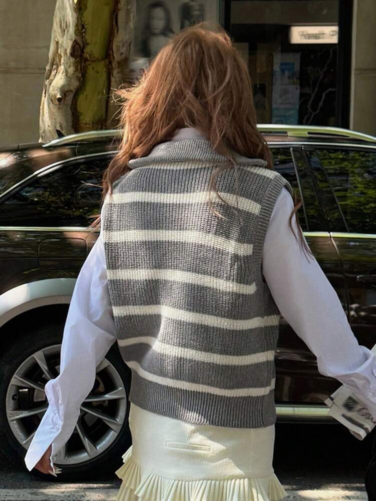 Women's Striped Sleeveless Collared Sweater Vest Fall/Winter