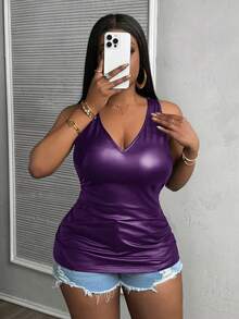 Slaydiva Plus Size Women Tight Fit Deep V-Neck Ruched PU Camisole - Purple - View 7