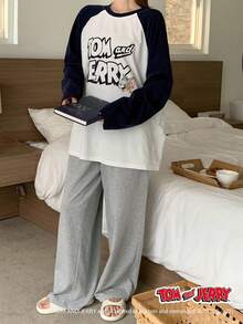 DAZY TOM AND JERRY X DAZY 2pcs Loose Cartoon Print Patchwork Raglan Sleeve Women Pajama Set, Fall Winter Clothes