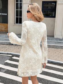 SHEIN Frenchy Women Floral Pattern Solid Color Round Neck Long Sleeve Mini Dress,Trumpet Sleeve Dress,Contrasting Embroidered Dress,Lace Embroidered Dress,3D Floral Embroidered Dress,Fall Outfits For Women,Autumn Clothes For Women, Fall / Winter ,Party Dress,Dress For Wedding Guest,Elegant Dress For Women,New Year Outfit,French-Inspired Styling,Retro, Elegant, Commuter, Office, Minimalist, Perfect For Everyday Wear