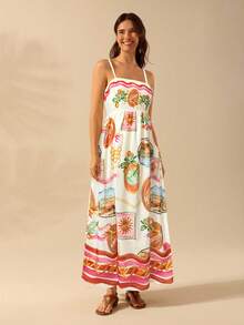 CAJUNI 女式波西米亚风热带印花度假休闲长吊带连衣裙，夏季 - 彩色 - 查看 6