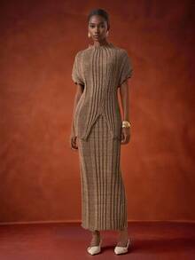 Zivah The 2025 New Autumn, Autumn And Winter Casual, Simple, Street, Daily, Date, Birthday, Party, Travel Season, Warm, Elegant, Commuting, Office Worker, Internet Celebrity Besthit High Neck, Neckline, Shoulder Drop, Sleeve Cover, Asymmetrical Hem, Long Sweater, Pullover, Skirt, Straight Skirt, Long Skirt, Flower Brown Asymmetrical Striped Sweater Set, Women's Sweater Two Pieces Set -A