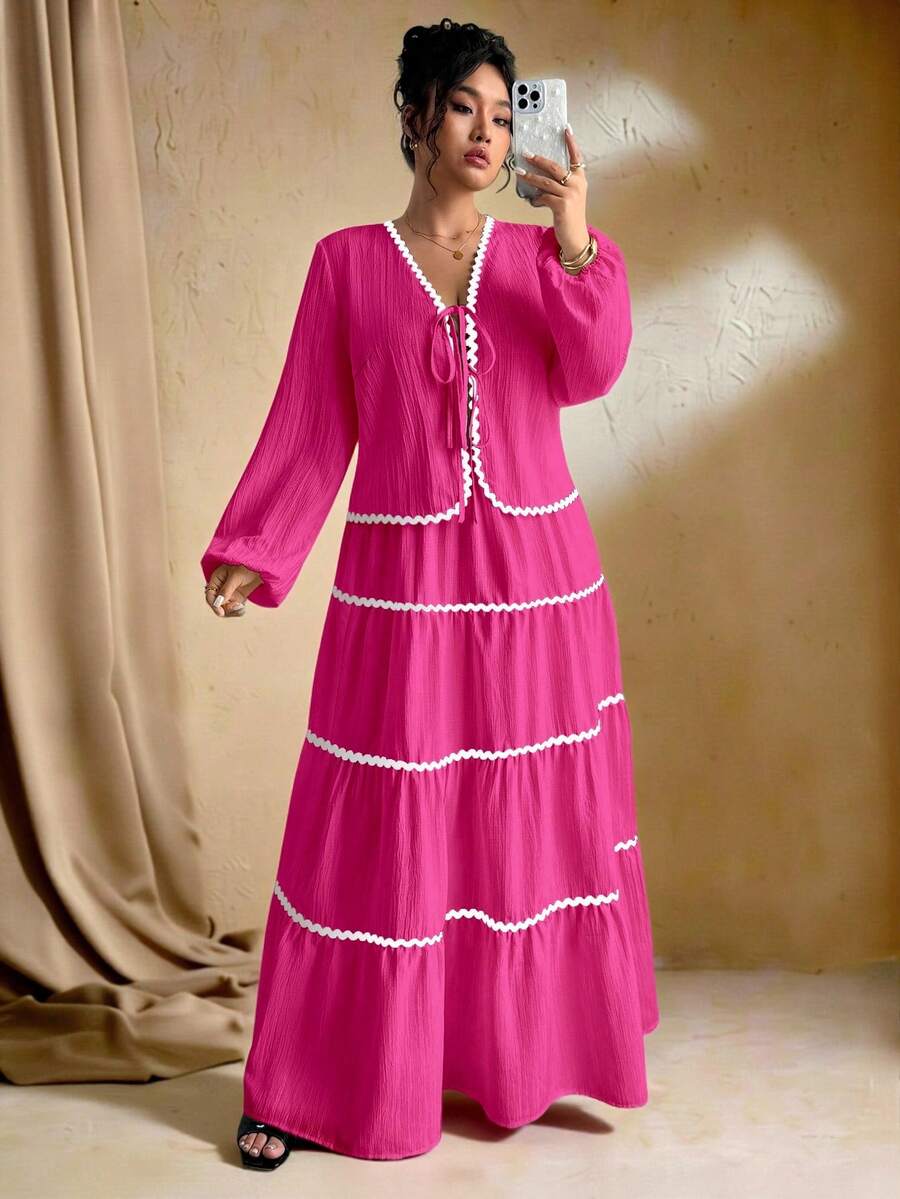 SHEIN Tall 加大码女式编织纹理长袖开衫，搭配系带腰带、撞色荷叶边下摆设计、松紧腰长裙、法式优雅浪漫两件套 - 玫紅色 - 查看 1