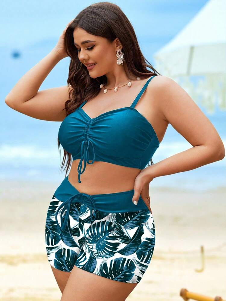 Swim Lushoire Conjunto de Maiô Plus Size 2 Peças - Cor Sólida e Estampa Tropical Splice, Cordão no Busto, Alça Ajustável, Short de Cintura Alta com Cordão, Roupa Elegante de Lazer para Praia e Férias - Preto - Visão 4