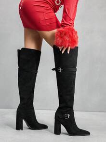 CUCCOO SZL Fashion Pointed Toe Chunky Heel Over-The-Knee Boots, Suitable For Dates And Parties - Black - View 2