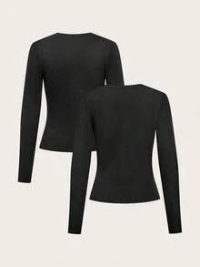 SHEIN EZwear 2 件女士休闲圆领长袖紧身长款 T 恤套装，百搭百搭，不同面料，适合秋冬季 - 黑色 - 查看 2