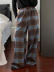 Livesso Women's Plaid Casual Wide Leg Drawstring Loose Pants, Autumn - Brown - View 5