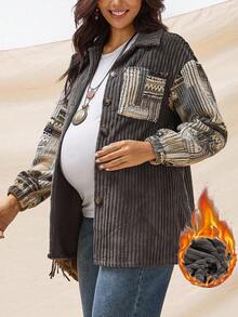 Boho Mama Pregnant Women's Striped Drop Shoulder Long Sleeve Single-Breasted Pocket Casual Regular Jacket Boho  Winter Clothes For Women - Grey - View 1