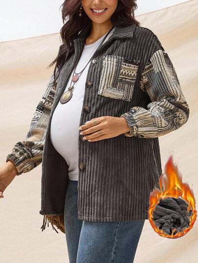 Boho Mama Pregnant Women's Striped Drop Shoulder Long Sleeve Single-Breasted Pocket Casual Regular Jacket Boho  Winter Clothes For Women