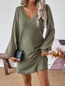 SHEIN LUNE V-Neck Lantern Sleeve Ribbed Patchwork Loose Autumn Dress