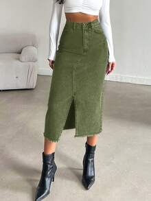 EURMUSE Women's Casual Washed Denim Slit Skirt - Army Green - View 6