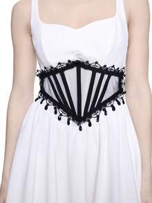 ROMWE Grunge Punk 1pc Women's Black Mesh Lace Rhinestone Pendant Tie-Up Decor Elastic Waist Belt Corset Dress Accessory, Goth Style For Halloween Costume - Black - View 9