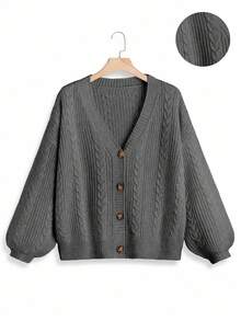 SHEIN LUNE 大码女式纯色 V 领单排扣长袖休闲通勤百搭开衫，酒红色，秋冬 - 深灰色 - 查看 1