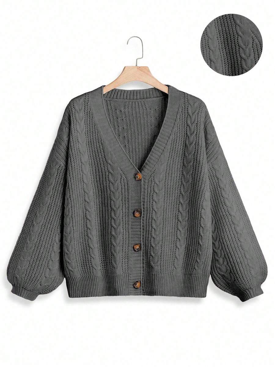 SHEIN LUNE 大码女式纯色 V 领单排扣长袖休闲通勤百搭开衫,酒红色,秋冬 - 深灰色 - 查看 1