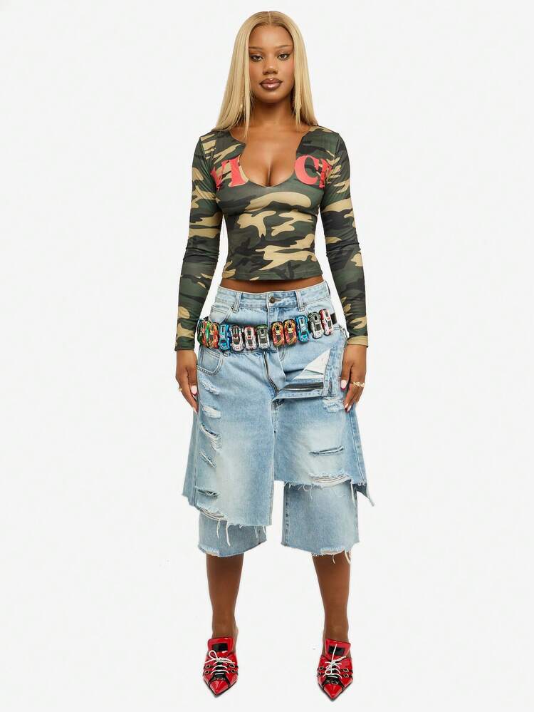SUMWON WOMEN Camouflage Long Sleeve V Neck Top With Red Graphics