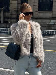 DAZY Women's Solid Color Cropped Jacket, Fashionable For Commuting, Autumn/Winter Y2k - Light Grey - View 3