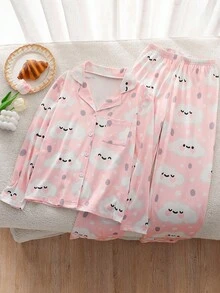 Conjunto de pijama para niñas preadolescentes, estampado de flores, nubes y caras sonrientes, top de manga larga con botones delanteros y pantalones largos, tela ignífuga, elegante y de moda - Rosa Pálido - Ver 3