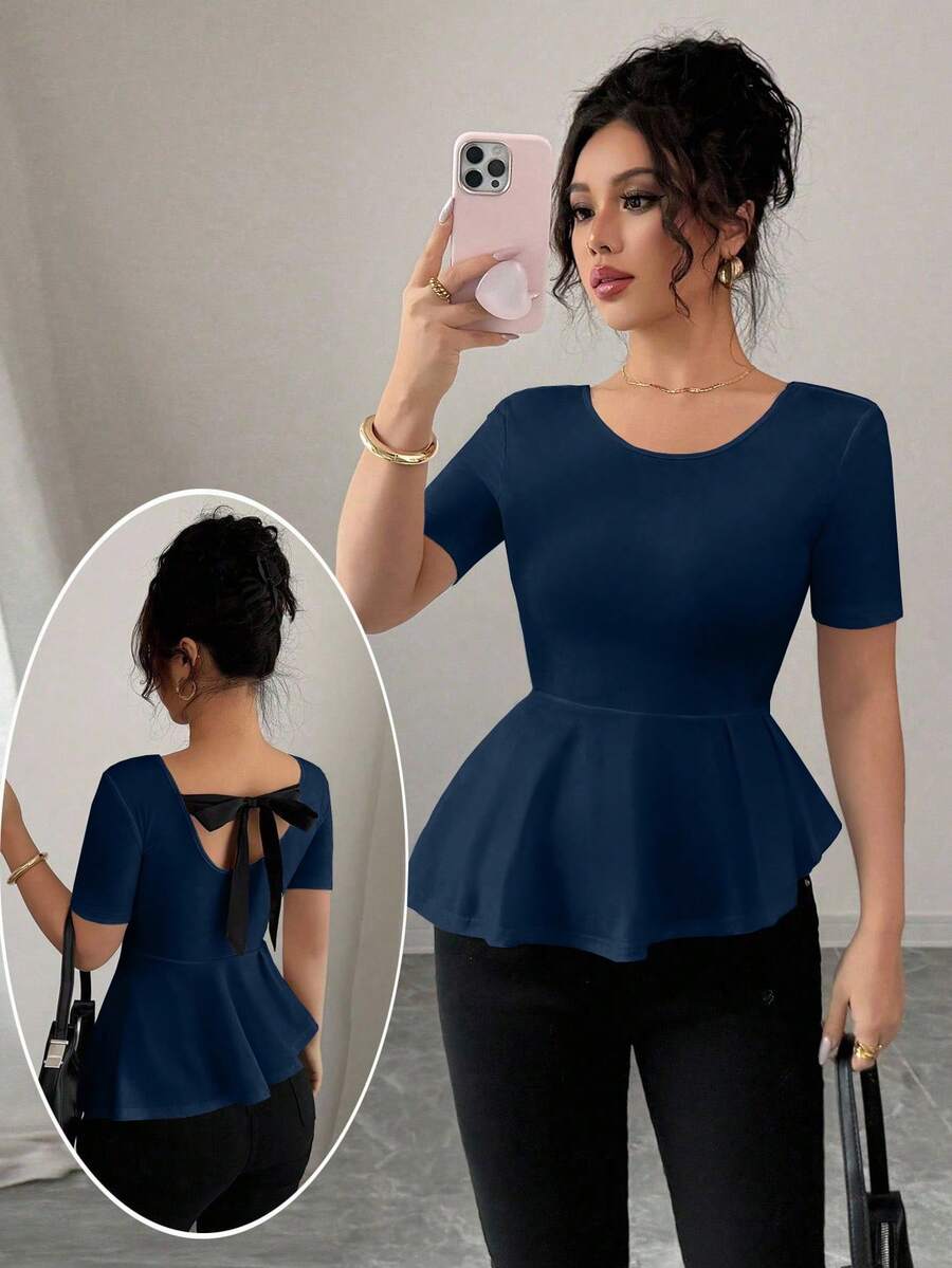 Elenzga Áo thun thắt nơ lưng nhún bèo, thường ngày, mặc ở nhà và ngoài trời - Màu xanh hải quân - Xem 1