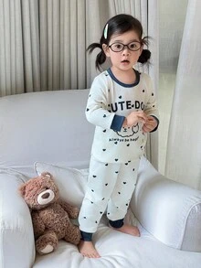 2 件套女童波尔卡圆点宠物狗图案柔软裤子和长袖舒适睡衣套装 - 杏色 - 查看 1