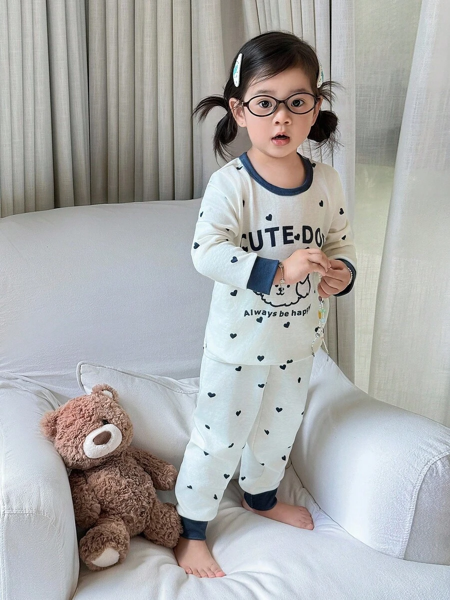 2 件套女童波尔卡圆点宠物狗图案柔软裤子和长袖舒适睡衣套装 - 杏色 - 查看 1