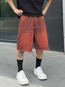 PAVTROS 男式口袋磨边宽松休闲牛仔百慕大短裤