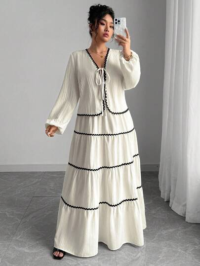 Elenzga Plus Size Women Woven Textured Long Sleeve Cardigan With Tie-Up, Colorblock Ruffle Hem Long A-Line Skirt Two Pieces Set, French Elegant & Romantic Fall Cloth For Women