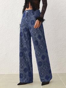SHEIN Essnce Quần jeans ống đứng in hoa giản dị dành cho nữ - Màu xanh lam - Xem 6