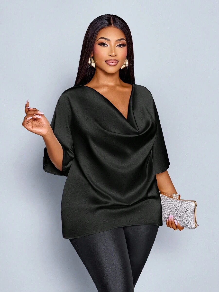 SOLERSUN Plus Size Women's Fashionable Solid Color Elegant Cowl Neck Stylish And Sophisticated Batwing Sleeve Blouse Summer - Black - View 1