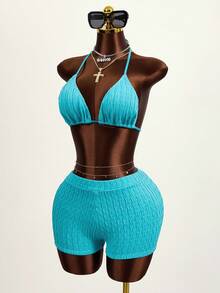 SHEIN Swim 女性夏季假日海灘純色騎士頸比基尼套裝 - 藍色 - 查看 8