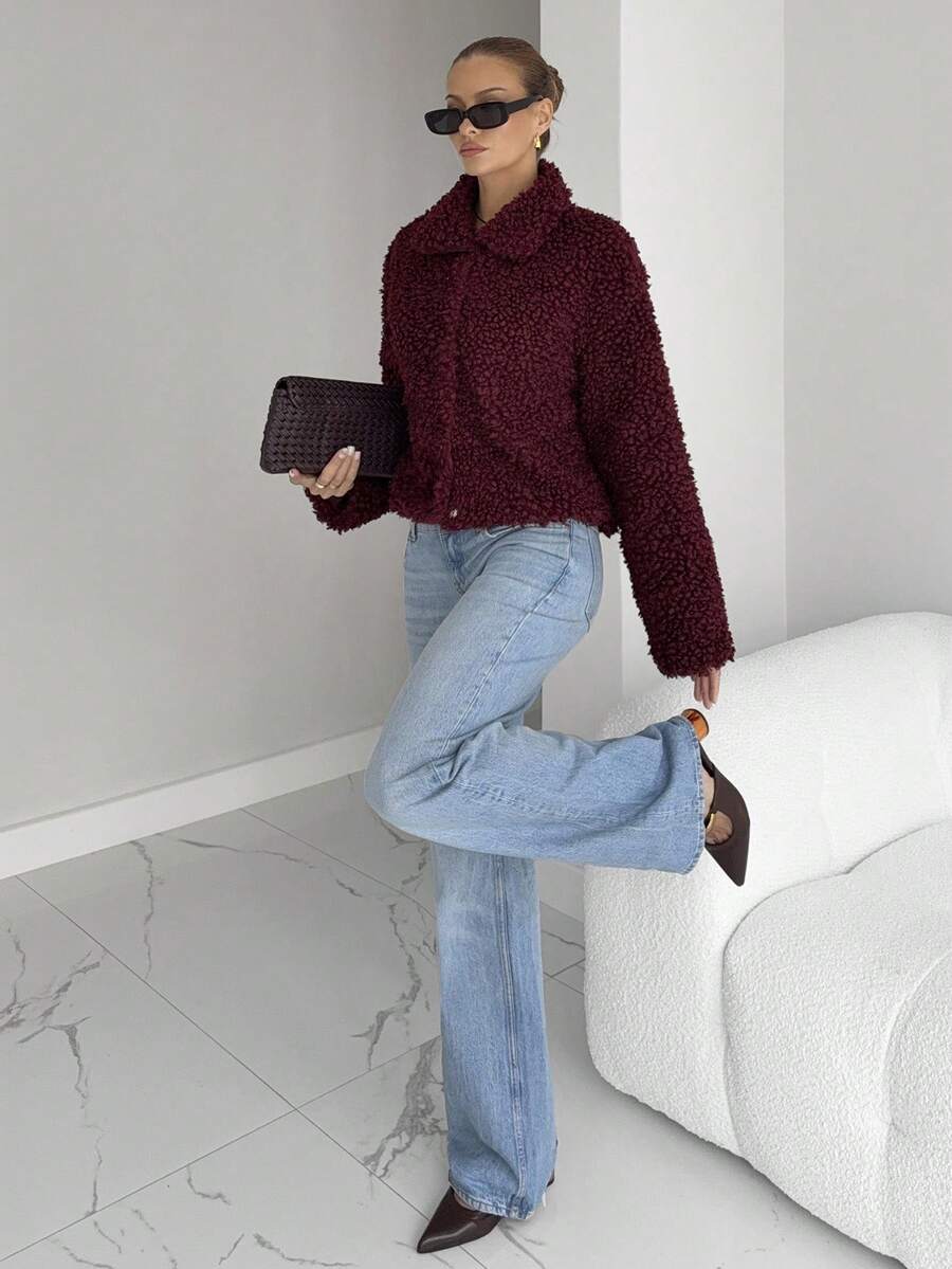 Siren Gaze 秋冬女士勃艮第红仿皮草通勤夹克 - 紅色 - 查看 1