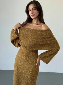 Aloruh Women's Elegant Mustard Yellow Sweater Dress,Off Shoulder Large Lapel Long Sleeve Slim Fit Solid Color Knit Dresses For Autumn Date Night Clothing - Green - View 6
