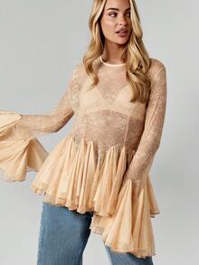 MISSGUIDED Long Sleeve Lace Peplum Blouse With Bell Sleeves And Sheer Overlay For Special Occasions - Apricot - View 6