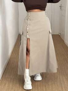 Maweii Chân váy dài dáng chữ A xẻ tà cỡ lớn, thường ngày đi làm, thu/đông - Màu Khaki - Xem 3