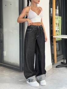 EURMUSE Woman Mid Waist Contrast Loose Straight Denim Jean Baggy Jeans Y2k Wide Leg Jeans Loose Jeans Oversized Jeans Jeans With Contrast Stitching - Dark Wash - View 3