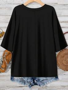 SHEIN CURVE+ 大码女式假日撞色豹纹 V 领宽松休闲 T 恤夏季/乡村/沙滩装女式秋季服装，冬季，CURVE PLUS - 彩色 - 查看 2