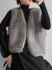 FRIFUL Women's Gray Solid Color Sleeveless Faux Fur Vest, Loose Casual Versatile Layering Faux Fur Jacket, Autumn