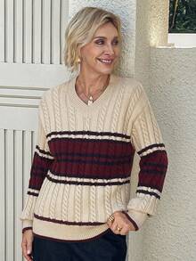 Vivie Lora Suéter Ajustado de Tricô Casual com Decote em V e Contraste de Cores