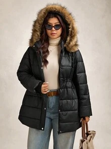 Zelara Áo khoác mùa đông dày cổ lông có thể tháo rời cho nữ cỡ lớn Áo khoác phao có mũ trùm đầu bằng lông thú Áo khoác mùa đông cho nữ Áo khoác mùa đông cho nữ Áo khoác mùa đông có mũ trùm đầu bằng lông thú giả - màu đen - Xem 5