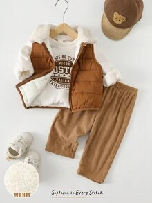 Cozy Pixies 3pcs Baby Boy Letter Print Knit Soft Crew Neck Long Sleeve Hoodie, Sleeveless Vest, Elastic Waist Pants Thick Thermal Lined Set, Suitable For Autumn/Winter Outings Fall