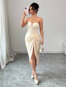 Elenzga 女士优雅浪漫无袖V领褶饰腰部开衩下摆连衣裙 - 杏色 - 查看 6