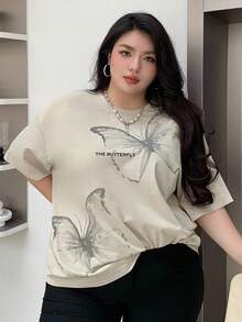 Dazy Plus Butterfly Print Pattern Loose Fit Round Neck Short Sleeve T-Shirt, Spring/Summer - Apricot - View 4
