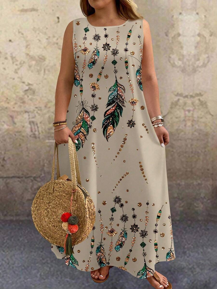 EMERY ROSE Plus Size Country Retro Holiday Casual Sleeveless Feather Imitation Gold Stamping Positioning Flower Print Long Dress Suitable For Spring And Summer Gifts For Mother Vacay Vibes Springbreak Casual Wear SS Bohemia Loose Fit Boho Style Country Concert Outfit,Sun Dresses For Women,Vacation - Khaki - View 1
