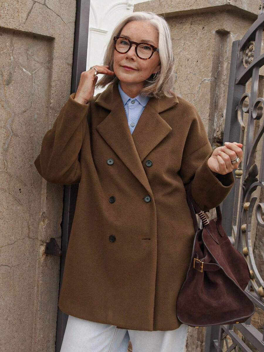 Vivie Lora 女士宽松翻领长袖大衣冬季外套 - 棕色 - 查看 1