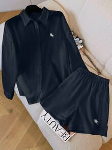 女士复古硬币印花休闲长袖衬衫短裤套装，宽松百搭两件套 - 藏蓝色 - 查看 6