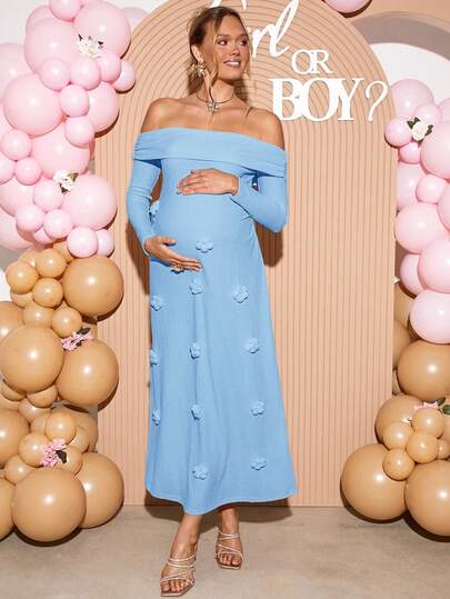 Loomaby Vestido azul de maternidad con decoración floral 3D y hombros descubiertos