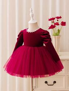 Glamorique Kids 女童红色长袖连衣裙，薄纱荷叶边裙摆，珍珠手工刺绣婚礼宾客礼服，宝宝生日派对礼服，女婴高端连衣裙 - 酒紅色 - 查看 8